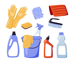 Cleaning supplies set. Home chemical detergent in bottles, household tools, equipment. Brush, mop and gloves, housework