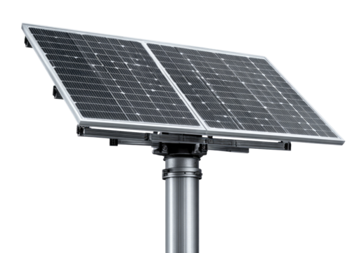 Solar panel array mounted on a gray metal pole.  Two panels, angled for optimal sunlight.  Grey metal framework supports the panels