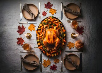 Thanksgiving Dinner Table with Roasted Turkey and Autumn Decor