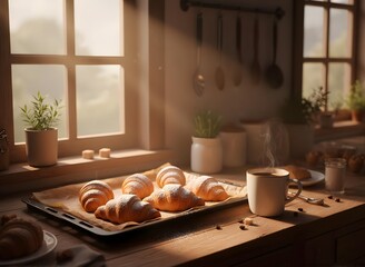 Cozy Morning Breakfast with Freshly Baked Croissants and Coffee