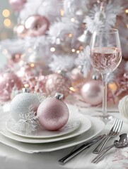 Fototapeta premium a close picture of silver and pink decorations on a white new year tree place setting for christmas in white with white christmas tree no logos no brands ar 34