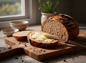 Freshly Baked Sourdough Bread with Butter on a Wooden Board