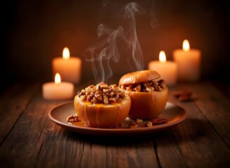 Steaming Baked Apples with Nuts and Caramel by Candlelight