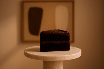 Decadent Chocolate Cake Slice on Marble Stand - Realistic Photography