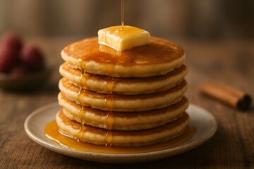 Stack of Golden Pancakes with Syrup and Butter - Realistic Photography