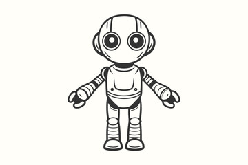 A smiling cartoon monochrome robot with large eyes is standing alone over white