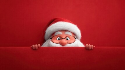 Naklejka premium cute whimsical santa claus peeking over red surface illustration