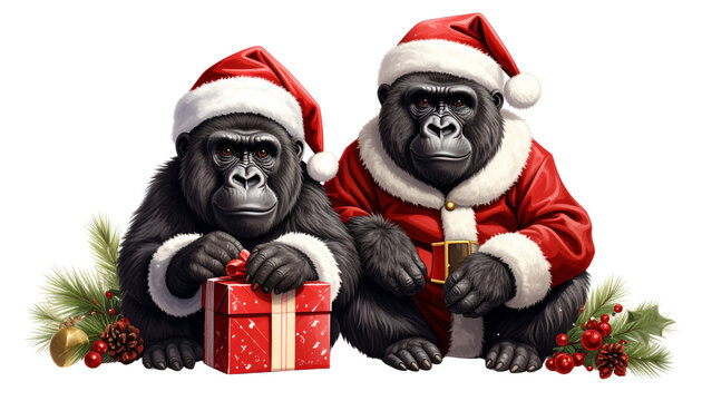 Cute Christmas zorilla pair in Santa suit isolated on transparent background