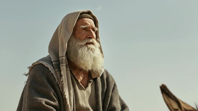 Old man riding donkey through desert, biblical prophet or patriarch moving in ancient land footage.