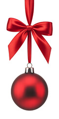 Red christmas ball with a red bow isolated on transparent background for decoration