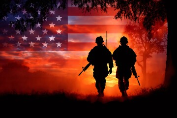 Obraz premium Military soldiers walking on patriotic american flag background