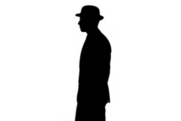 Man silhouette with hat providing anonymity, secrecy, and mystery, isolated figure on transparent background