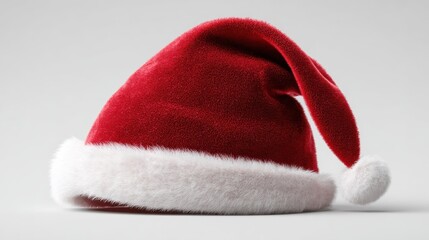 an image of a classic red santa claus hat on a clean white background the hat is made of red felt or velvet with a white fur trim and a white pom pom at the tip the hat is laid on its side showing 