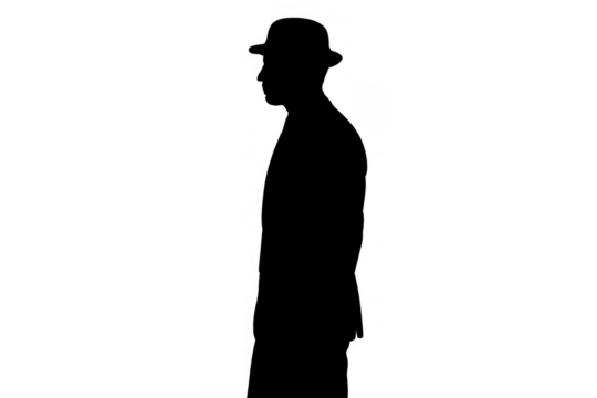 Man silhouette with hat providing anonymity, secrecy, and mystery, isolated figure on transparent background