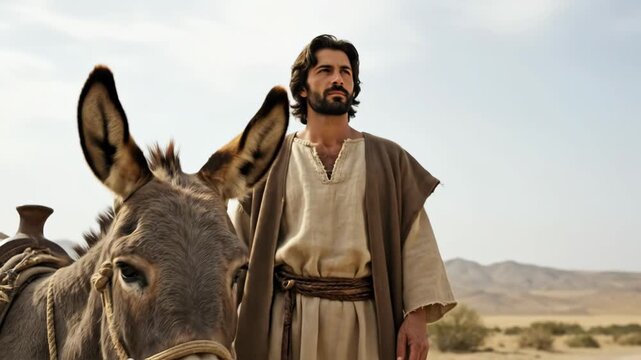 Man with a donkey on a desert road, biblical times, old testament, jewish people, ancient israel journey footage.
