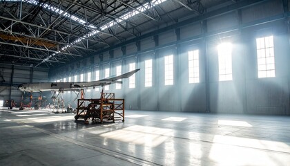 Aircraft Assembly Hangar Interior With Sunlight Beams and Fuselage Frames