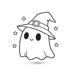 Cute Kawaii Ghost with Witch Hat and Stars - Adorable Halloween Character Illustration for Kids' Spooky Season Coloring and Decorations