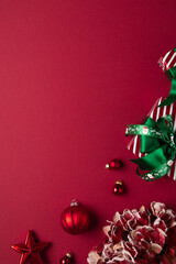 Merry Christmas and Happy Holidays greeting card, frame, banner. New Year. Red Christmas ornaments...