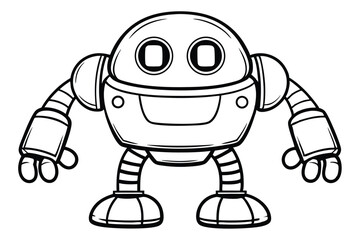 Animated monochrome robot with segmented arms stands with hands raised on a white background