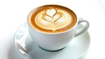 A cup of cappuccino with a beautiful latte art design isolated on white background, showcasing a delicate floral pattern in the creamy foam