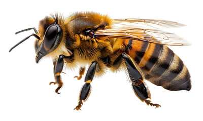 Isolated flying honey bee , a stunning bee is flying, isolated on transparent background, macro, incredible pollinator