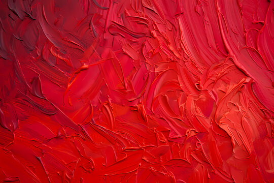 Closeup of a vibrant red oil painting showcasing thick brushstrokes and rich texture, creating a dynamic and visually striking abstract art piece