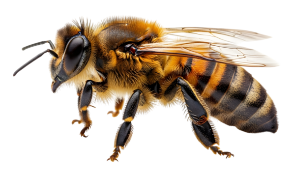 Isolated flying honey bee , a stunning bee is flying, isolated on transparent background, macro, incredible pollinator