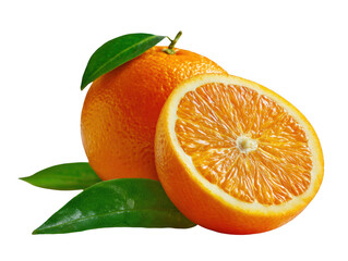 Fresh orange fruit with leaves isolated on transparent background