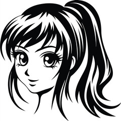 Anime girl with a gentle smile and black flowing hair looks forward attentively
