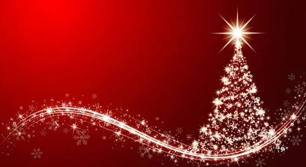 Glowing Christmas Tree with Lights on Red Background