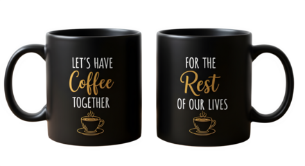 Two black coffee mugs with inspirational quotes isolated on transparent background