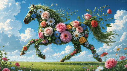 Obraz premium Beautiful horse made of flowers running in green meadow under blue sky, colorful and serene illustration.