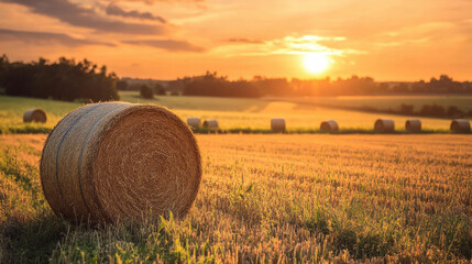 Sun setting behind rolling farm fields, hay bales, crickets chirping in grass, long shadows, timeless harvest mood
