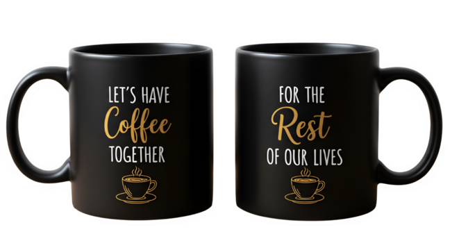 Two black coffee mugs with inspirational quotes isolated on transparent background