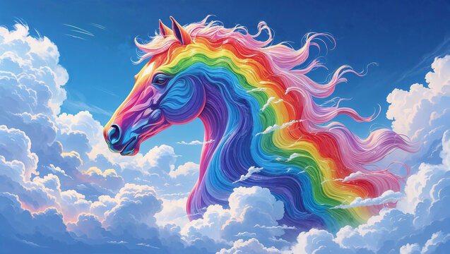 Horse formed by clouds and rainbow in blue sky, dreamy and colorful illustration with soft textures.