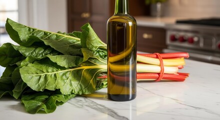 Fresh Vegetables, Glass Bottle And Colorful Produce on a Marble Kitchen Surface
