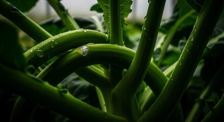 Fresh Verdant Stems With Droplets Capturing A Moment Of Botanical Delight