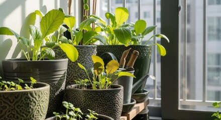 Fresh Verdant Plants in Decorative Pots Create an Urban Balcony Garden Sanctuary