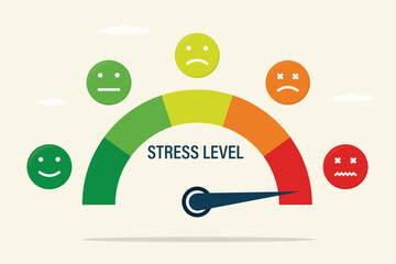 Stress meter. Tension levels from low to burnout. Mental or emotional pressure score. Measurement tool for overworking diagnosis. Colorful dashboard with arrow and various emoji