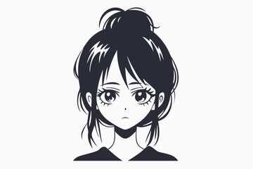 Anime style monochrome portrait showcases a young woman with a topknot hairstyle and expressive eyes