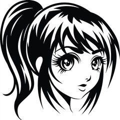 Anime style girl's face with long lashes and ponytail appears outlined in black