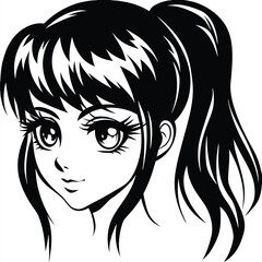 Anime styled girl portrait shows classic manga eyes and a youthful ponytail