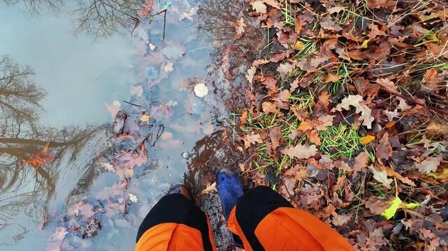 Exploring nature in rainy autumn surroundings, Strolling alone on muddy trail amidst fall foliage and reflections, Capturing outdoor walk through damp landscape with seasonal colors