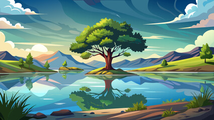 Very beautiful view of Wilson State Park, Kansas, USA, showing a solitary tree emerging from calm lake water, reflecting the sky and creating a tranquil, mirror-like natural scene.