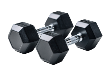 Close-up of two black hex dumbbells, side-by-side, angled slightly.  The weights have a matte, dark gray/black, octagonal shape.  Chrome-colored connecting rods are visible