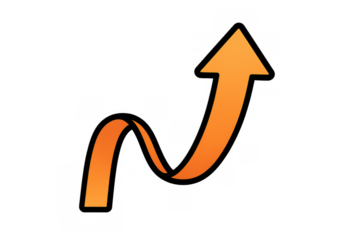 Wavy orange arrow showing upward direction, growth, improvement, and increasing trend with transparent background