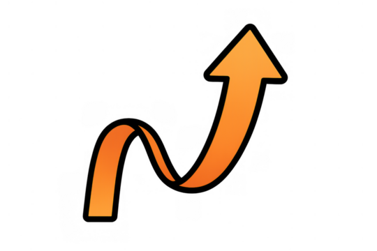 Wavy orange arrow showing upward direction, growth, improvement, and increasing trend with transparent background