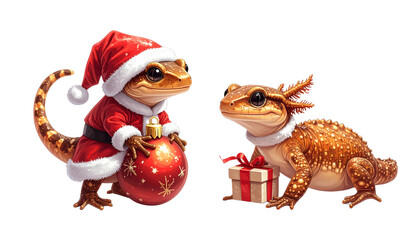 Cute Christmas salamander pair in Santa suit isolated on transparent background