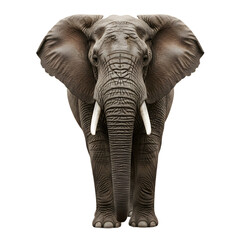 Isolated african elephant facing forward ,  Large african elephant bull is standing and facing forward on a white background 