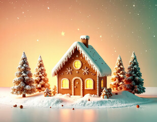 Naklejka premium Glowing gingerbread house in snowy winter landscape with frosted trees